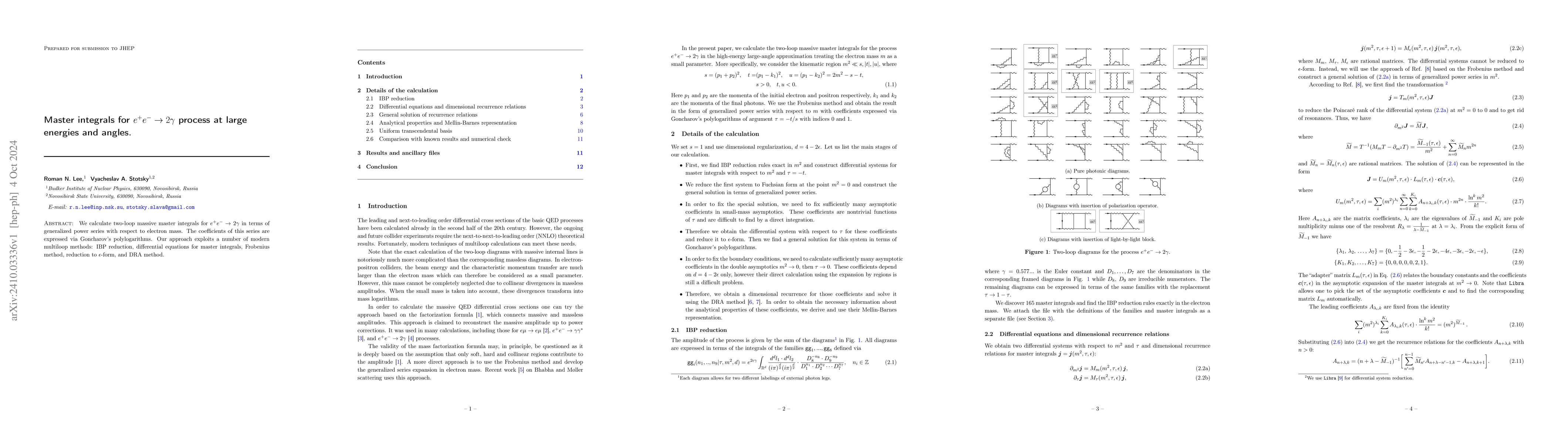 Thumbnail for Master integrals for $e^{+}e^{-}\rightarrow2γ$ process at large
  energies and angles