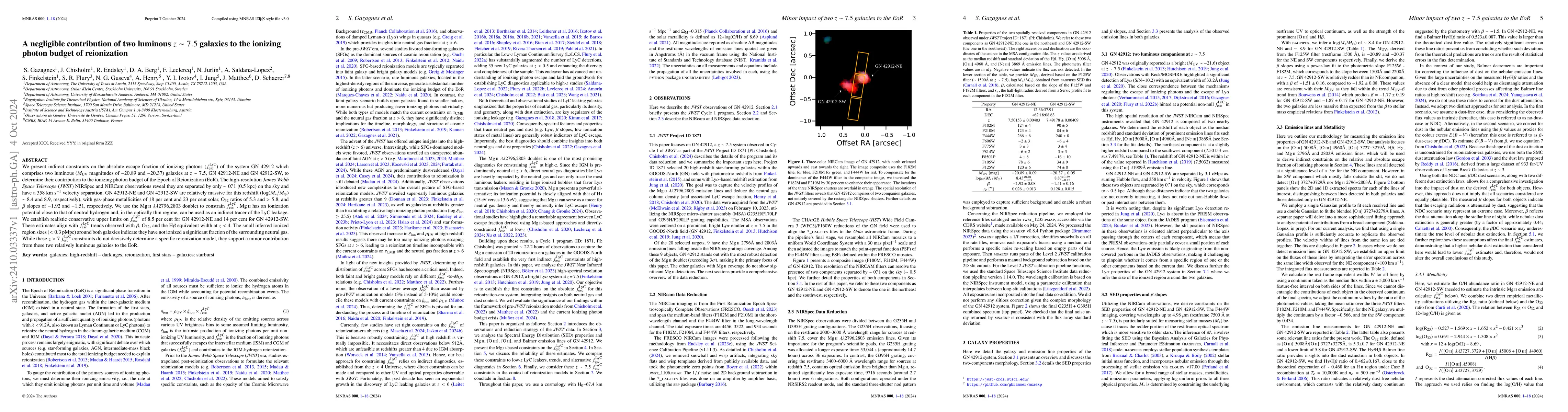 Thumbnail for A negligible contribution of two luminous $z$ ~ 7.5 galaxies to the
  ionizing photon budget of reionization