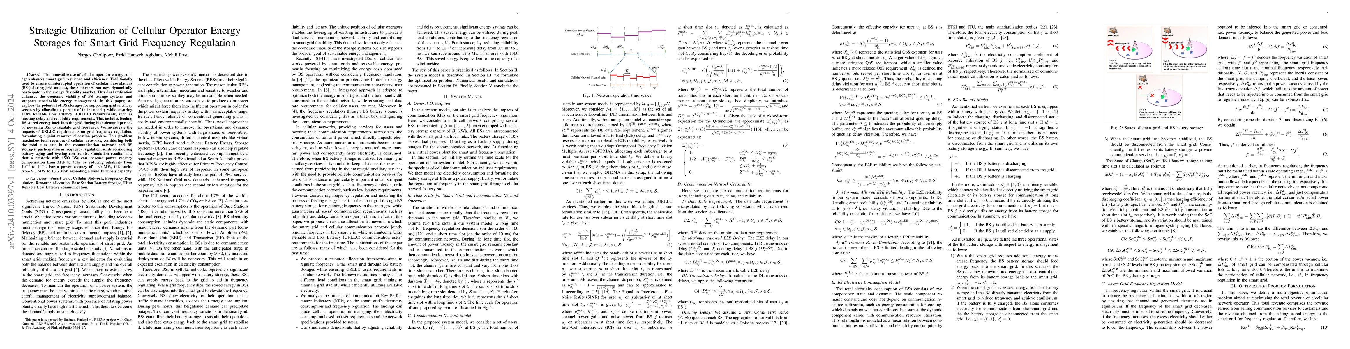 Thumbnail for Strategic Utilization of Cellular Operator Energy Storages for Smart
  Grid Frequency Regulation