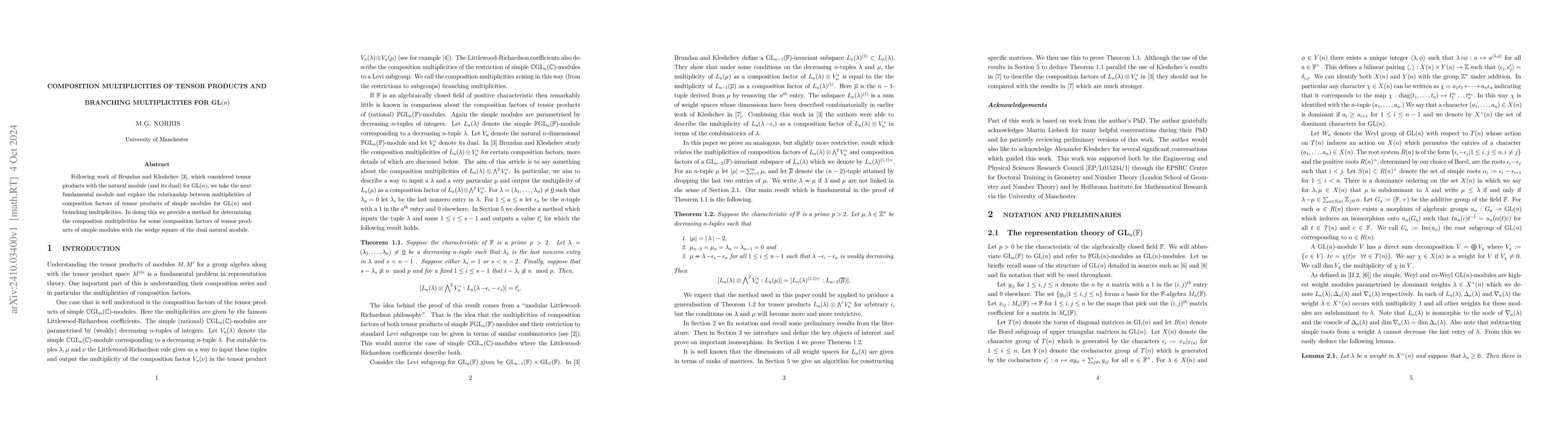 Thumbnail for Composition Multiplicities of Tensor Products and Branching
  Multiplicities for $\text{GL}(n)$