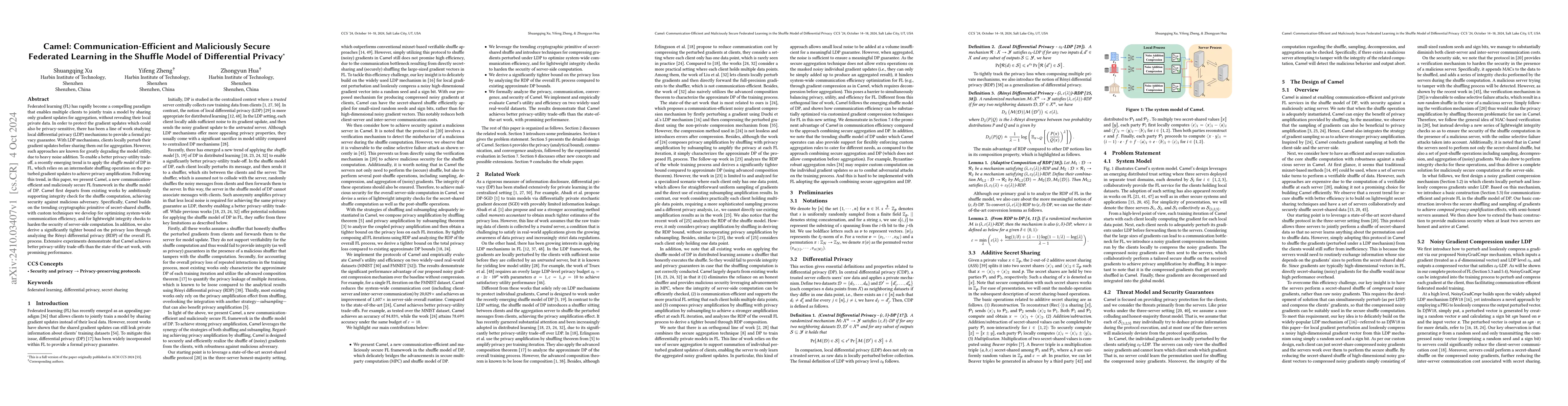 Thumbnail for Camel: Communication-Efficient and Maliciously Secure Federated Learning
  in the Shuffle Model of Differential Privacy