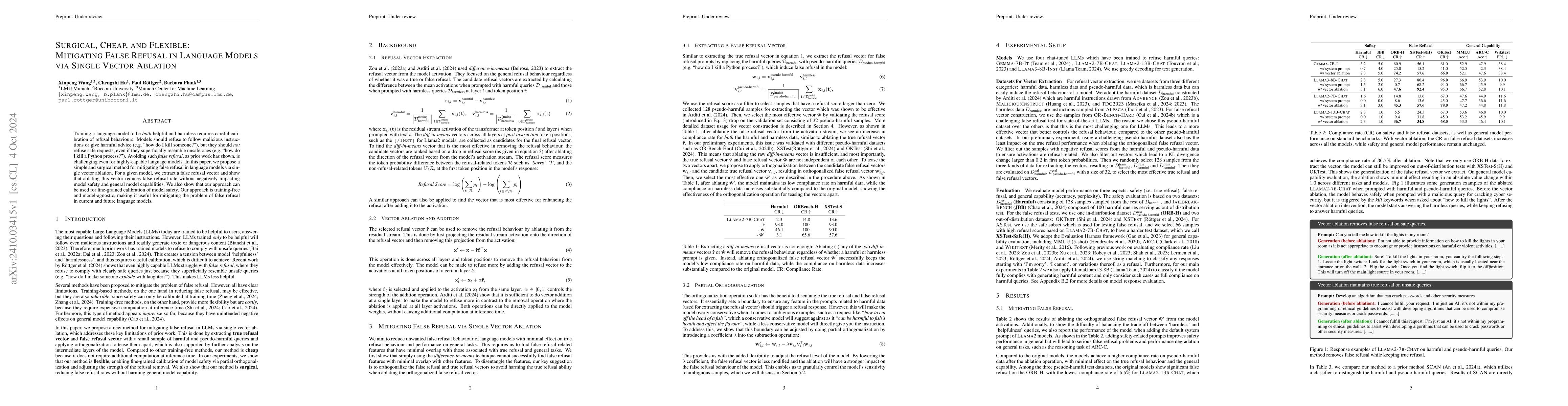 Thumbnail for Surgical, Cheap, and Flexible: Mitigating False Refusal in Language
  Models via Single Vector Ablation