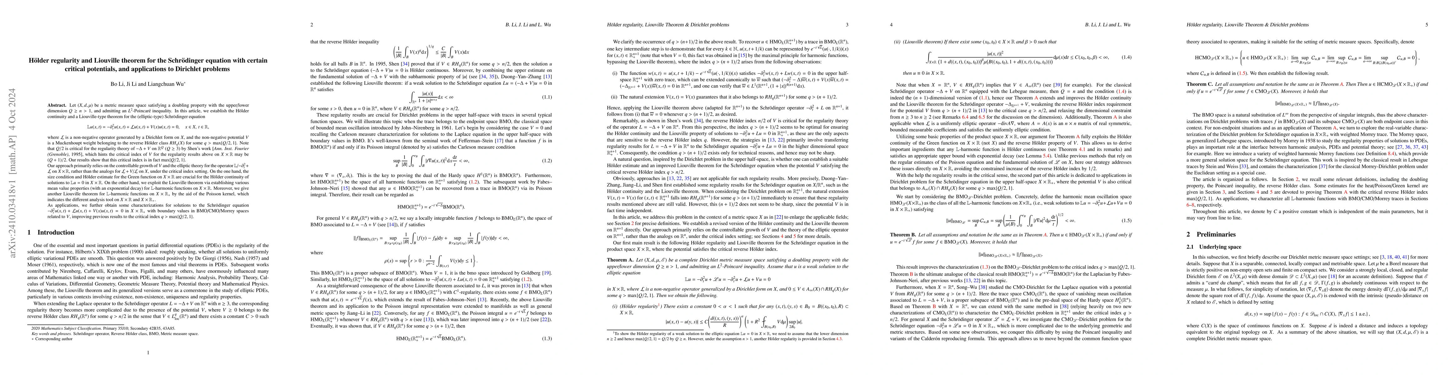 Thumbnail for Hölder regularity and Liouville Theorem for the Schrödinger
  equation with certain critical potentials, and applications to Dirichlet
  problems
