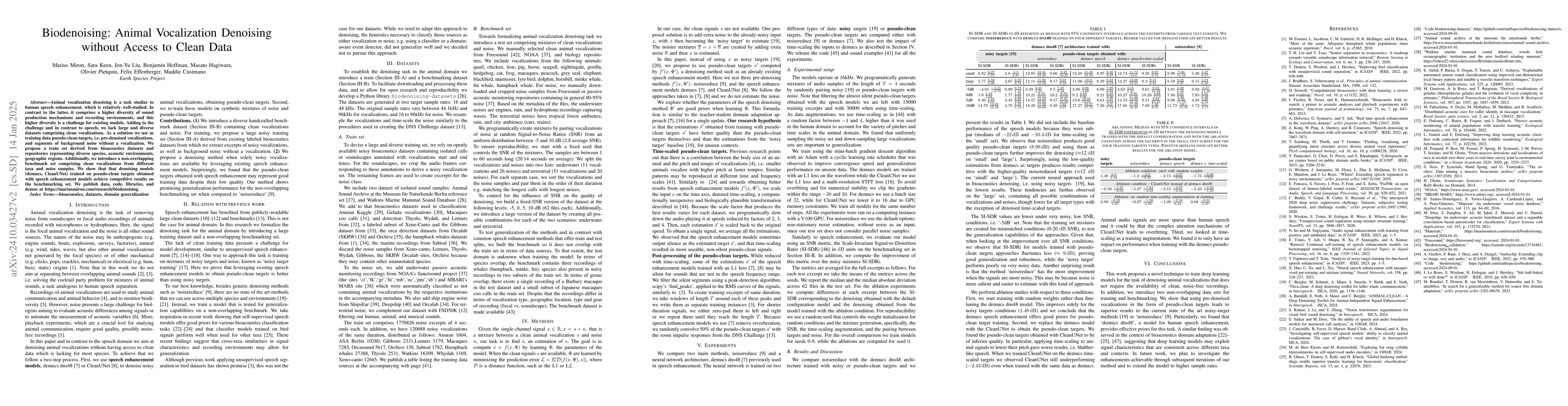 Thumbnail for Biodenoising: animal vocalization denoising without access to clean data