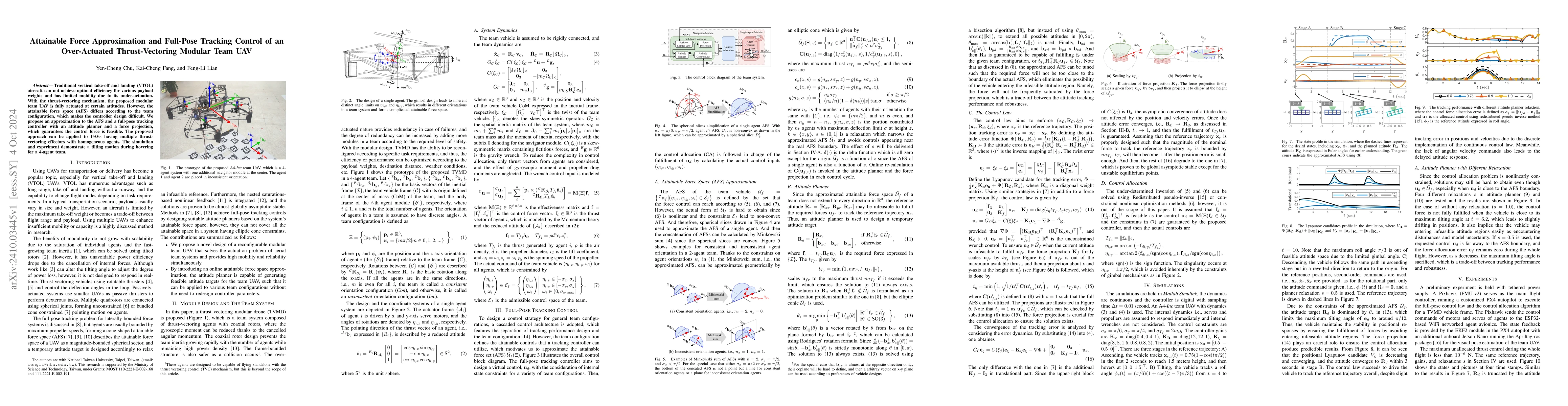 Thumbnail for Attainable Force Approximation and Full-Pose Tracking Control of an
  Over-Actuated Thrust-Vectoring Modular Team UAV