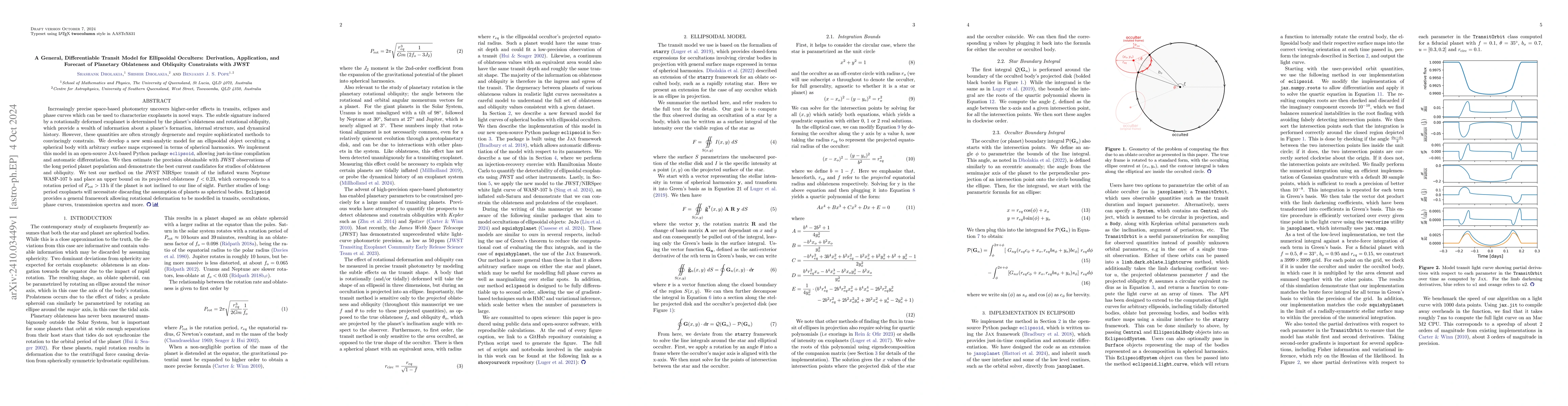 Thumbnail for A General, Differentiable Transit Model for Ellipsoidal Occulters:
  Derivation, Application, and Forecast of Planetary Oblateness and Obliquity
  Constraints with JWST