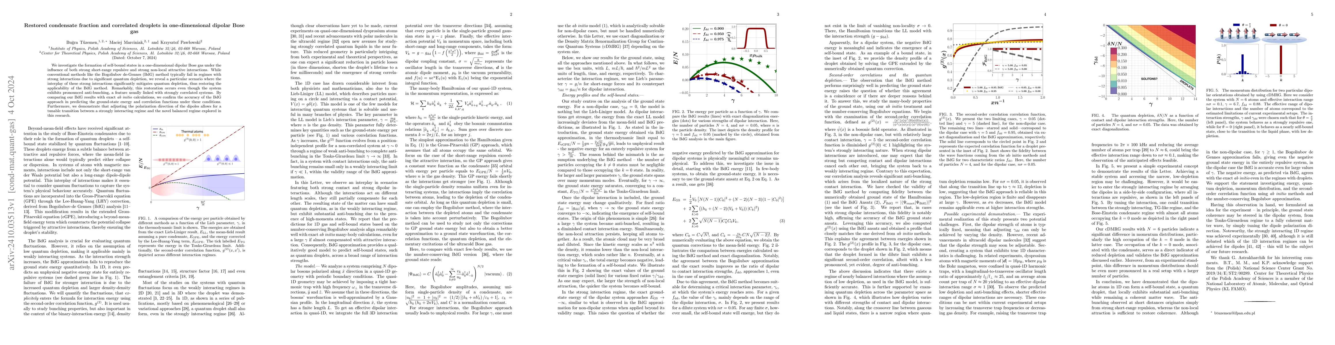 Thumbnail for Restored condensate fraction and correlated droplets in one-dimensional
  dipolar Bose gas