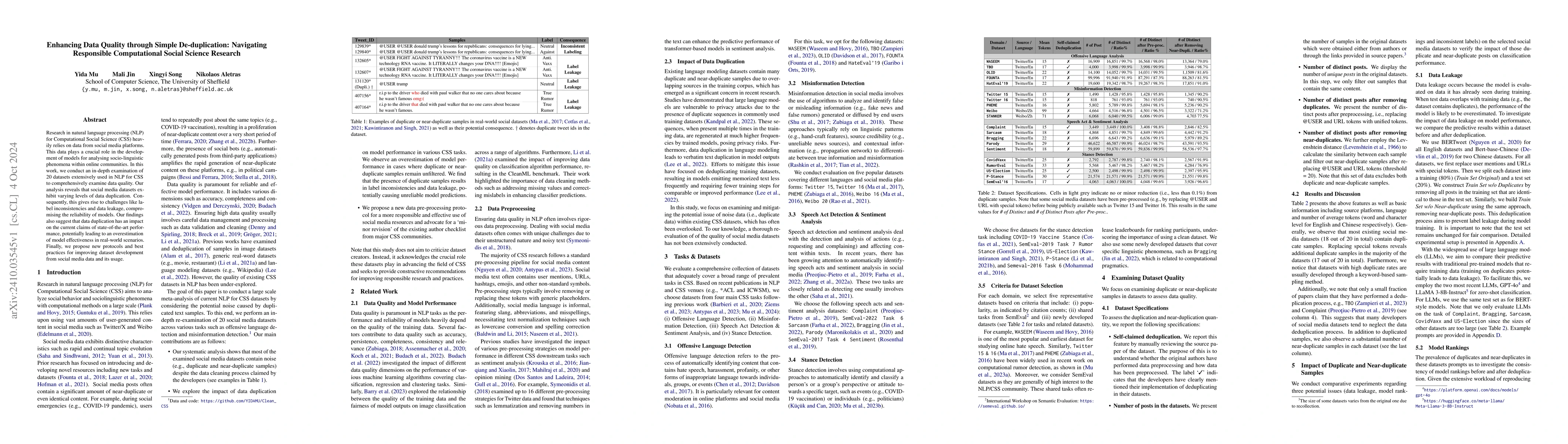 Thumbnail for Enhancing Data Quality through Simple De-duplication: Navigating
  Responsible Computational Social Science Research