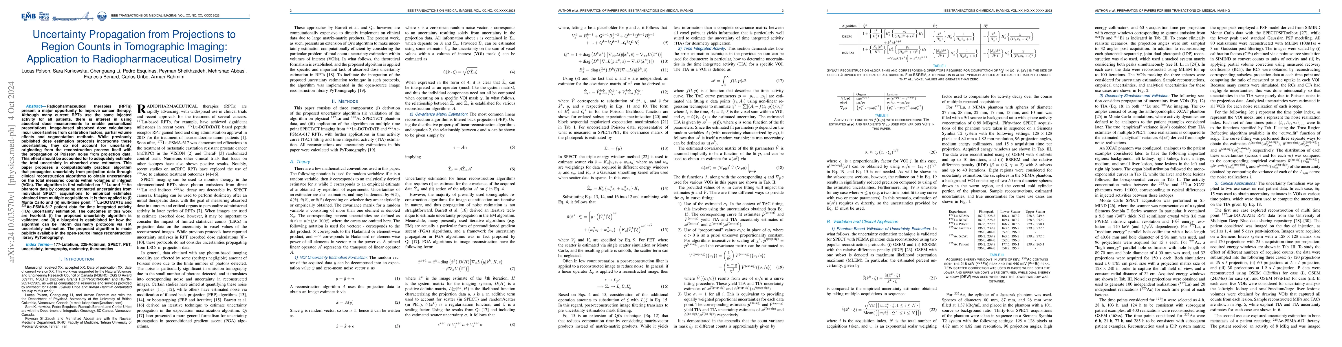 Thumbnail for Uncertainty Propagation from Projections to Region Counts in Tomographic
  Imaging: Application to Radiopharmaceutical Dosimetry