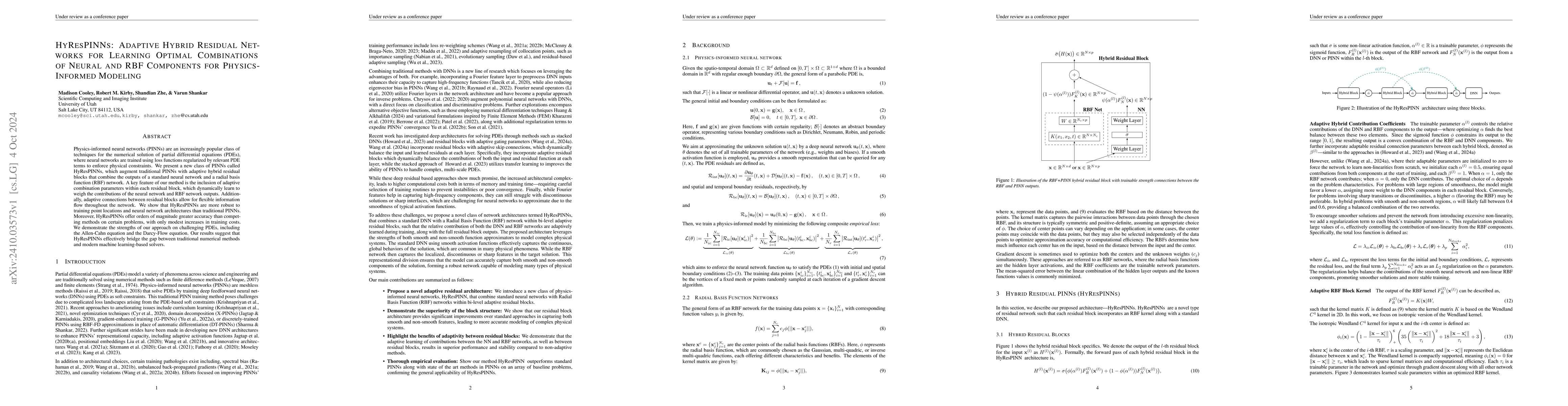 Thumbnail for HyResPINNs: Adaptive Hybrid Residual Networks for Learning Optimal
  Combinations of Neural and RBF Components for Physics-Informed Modeling