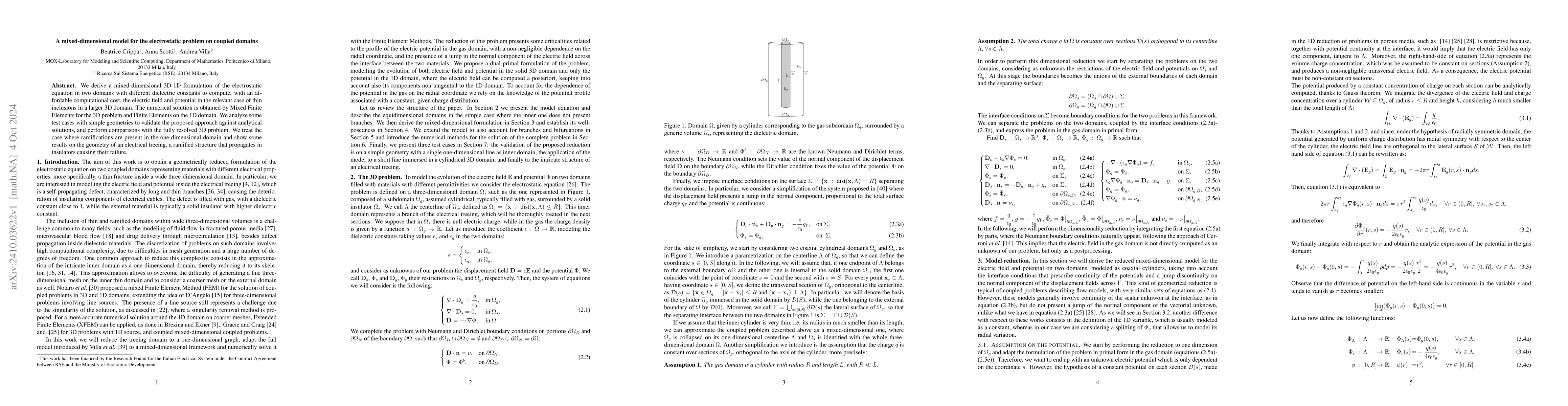 Thumbnail for A mixed-dimensional model for the electrostatic problem on coupled
  domains