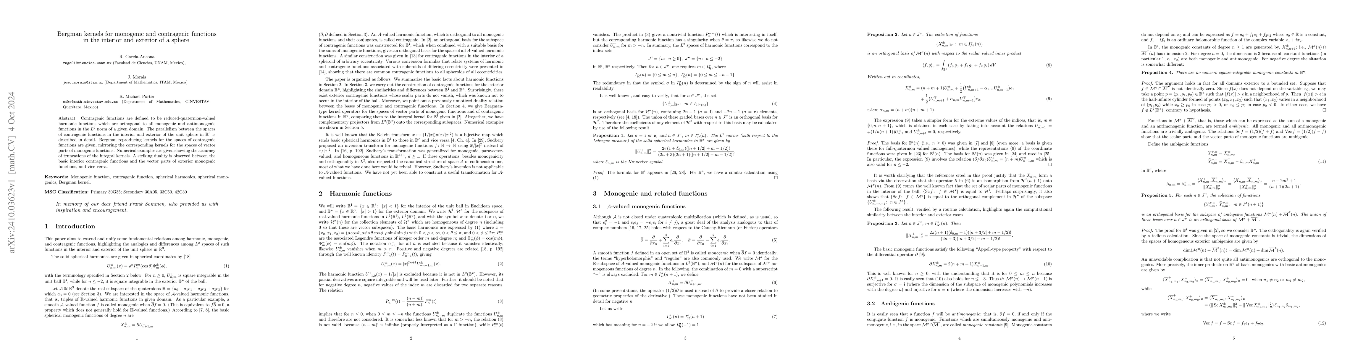 Thumbnail for Bergman kernels for monogenic and contragenic functions in the interior
  and exterior of a sphere