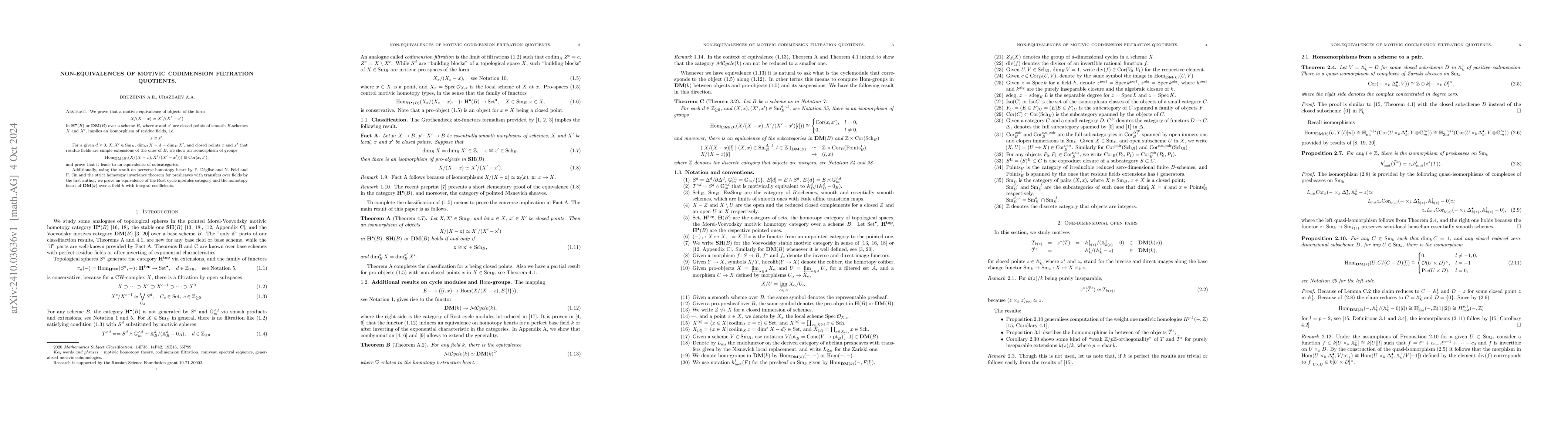 Thumbnail for Non-equivalences of motivic codimension filtration quotients