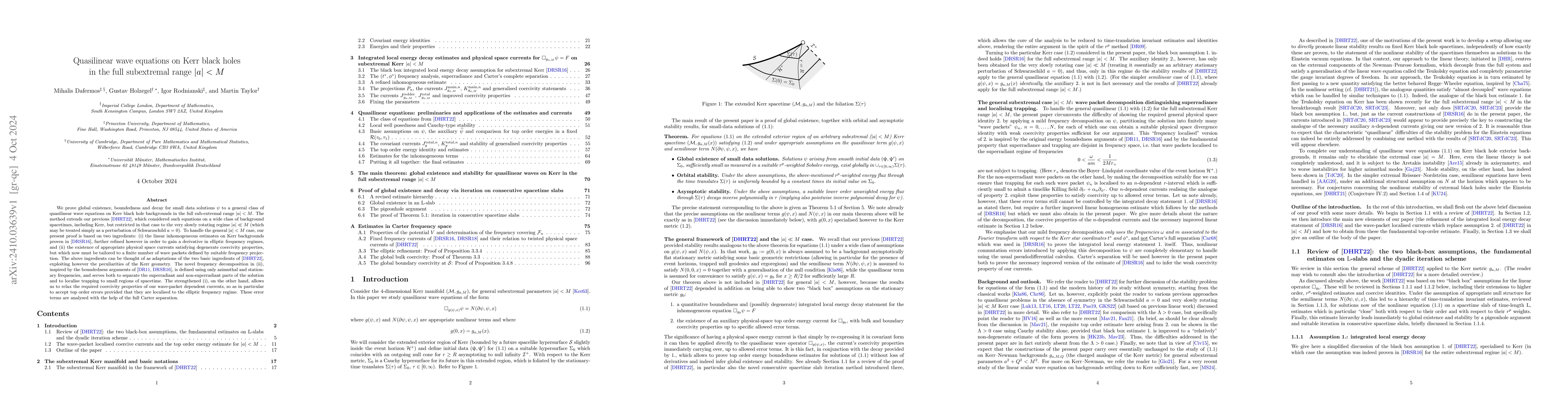 Thumbnail for Quasilinear wave equations on Kerr black holes in the full subextremal
  range $|a|<M$