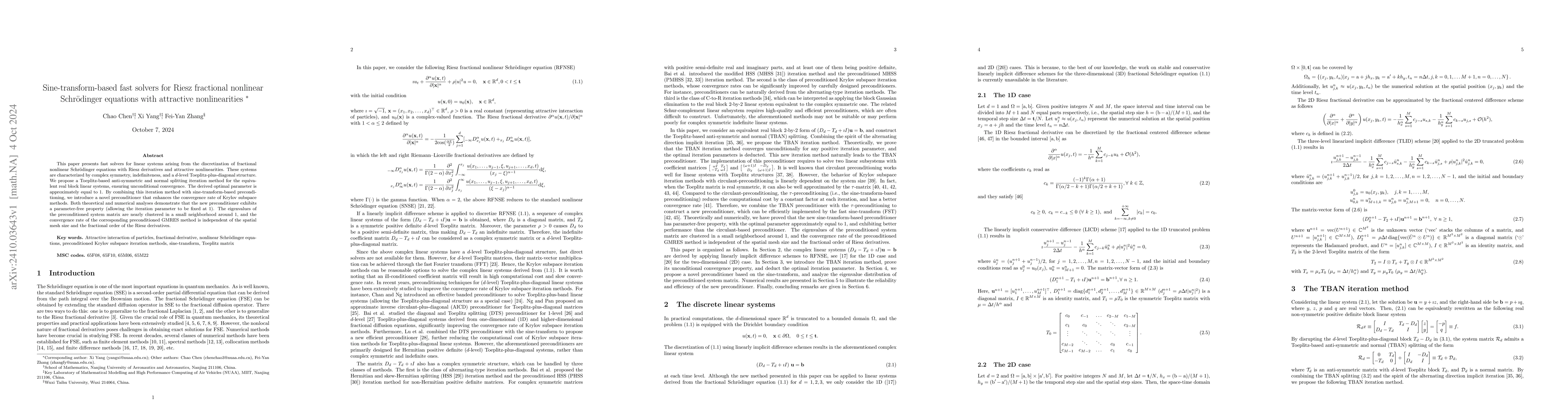 Thumbnail for Sine-transform-based fast solvers for Riesz fractional nonlinear
  Schrödinger equations with attractive nonlinearities