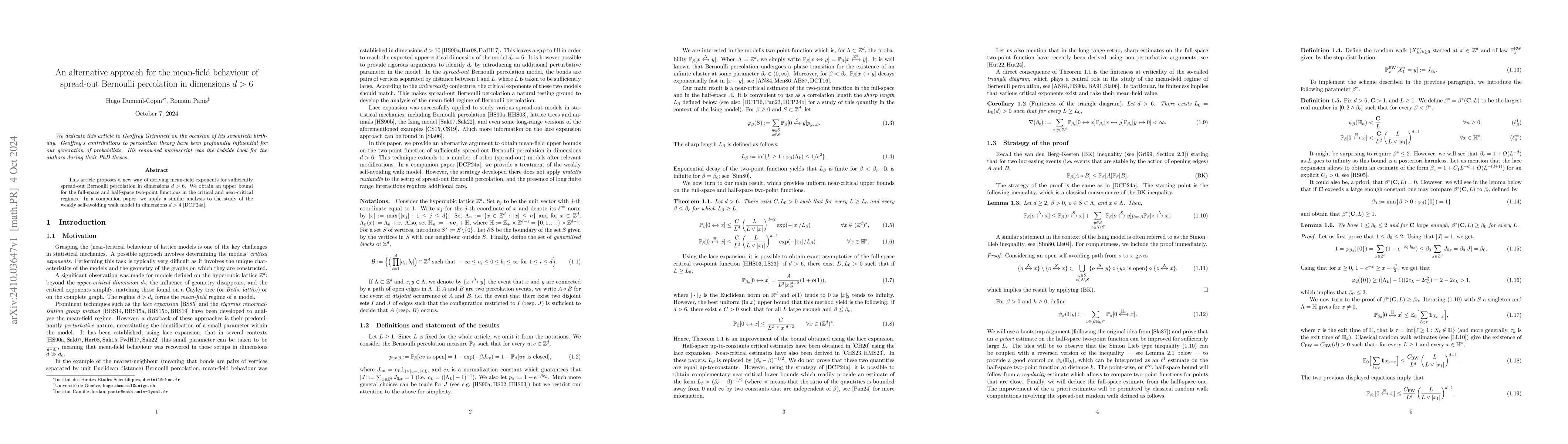 Thumbnail for An alternative approach for the mean-field behaviour of spread-out
  Bernoulli percolation in dimensions $d>6$