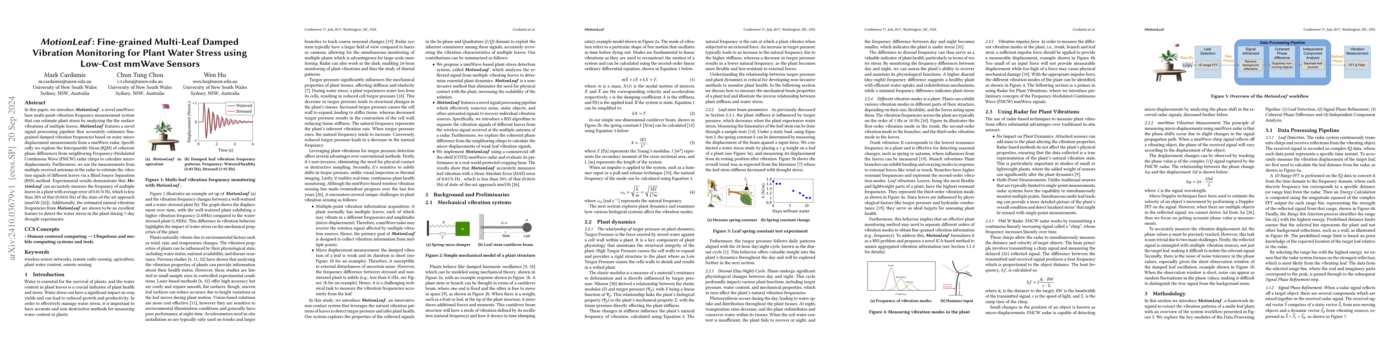 Thumbnail for MotionLeaf: Fine-grained Multi-Leaf Damped Vibration Monitoring for
  Plant Water Stress using Low-Cost mmWave Sensors