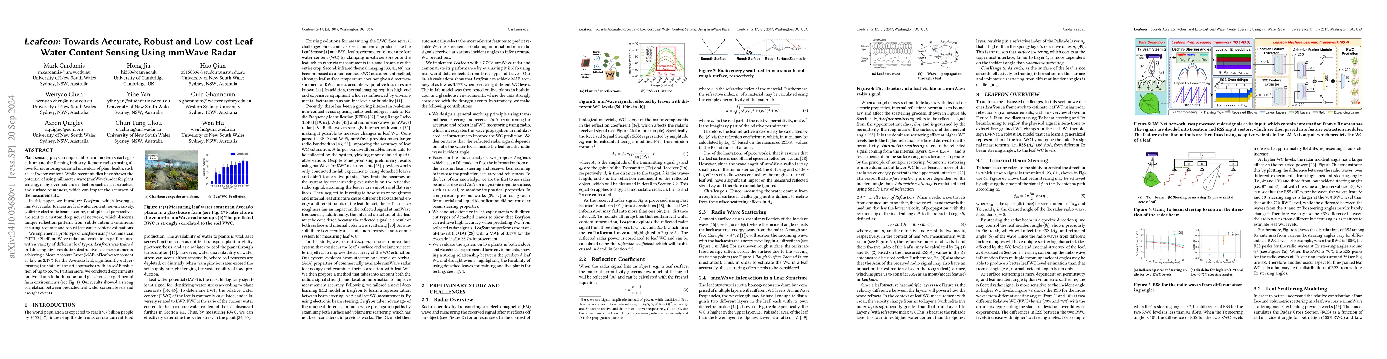 Thumbnail for Leafeon: Towards Accurate, Robust and Low-cost Leaf Water Content
  Sensing Using mmWave Radar