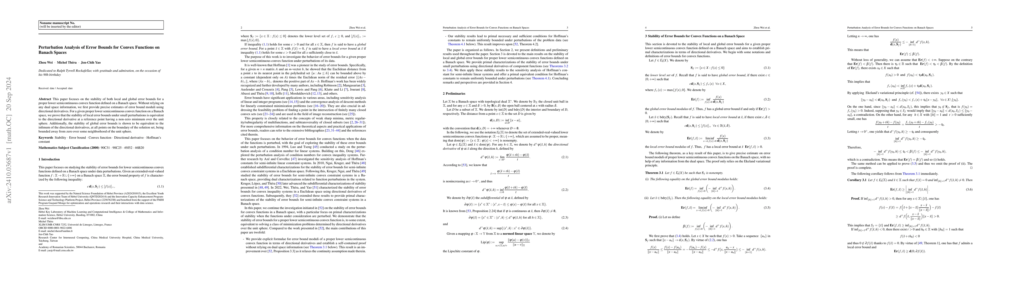 Thumbnail for Perturbation Analysis of Error Bounds for Convex Functions on Banach
  Spaces