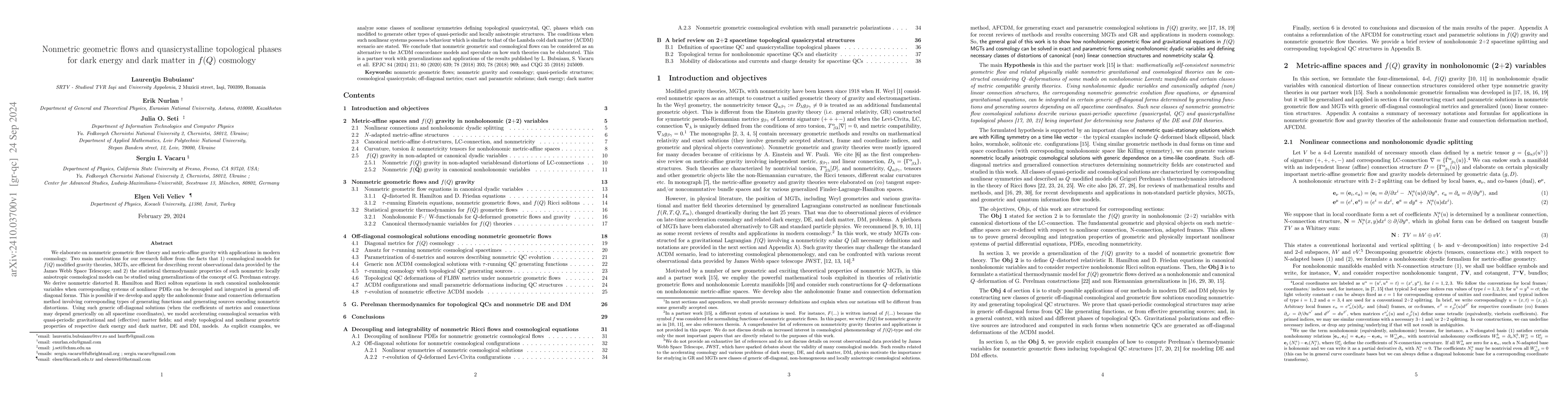 Thumbnail for Nonmetric geometric flows and quasicrystalline topological phases for
  dark energy and dark matter in $f(Q)$ cosmology