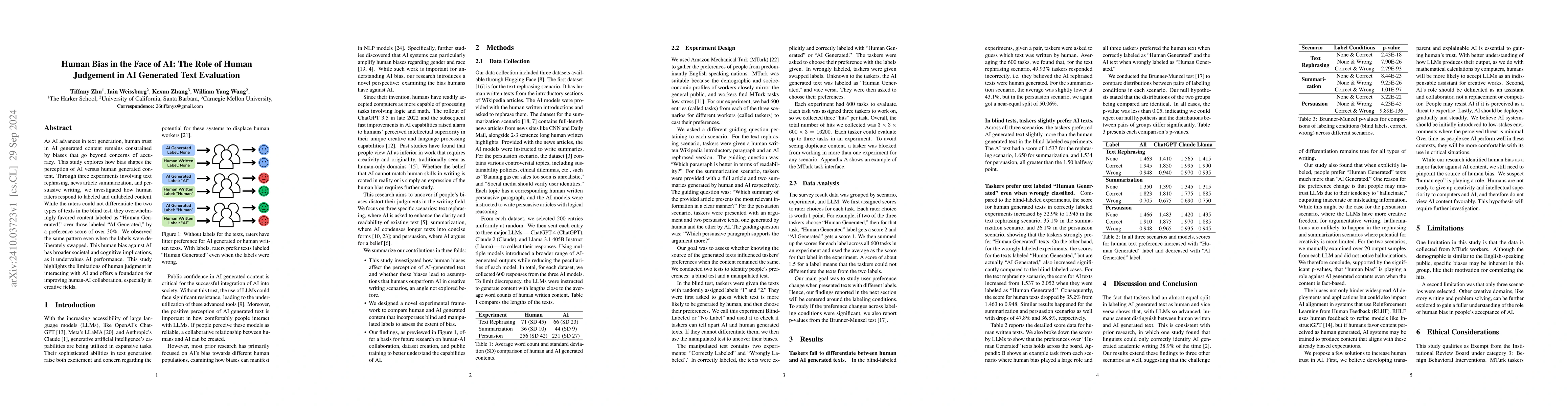 Thumbnail for Human Bias in the Face of AI: The Role of Human Judgement in AI
  Generated Text Evaluation