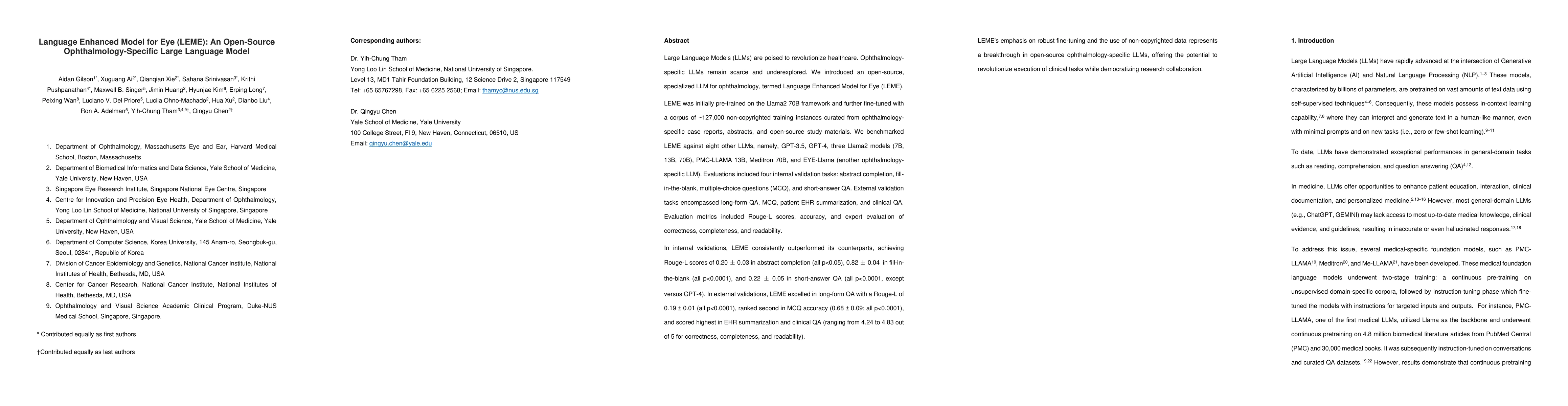 Thumbnail for Language Enhanced Model for Eye (LEME): An Open-Source
  Ophthalmology-Specific Large Language Model