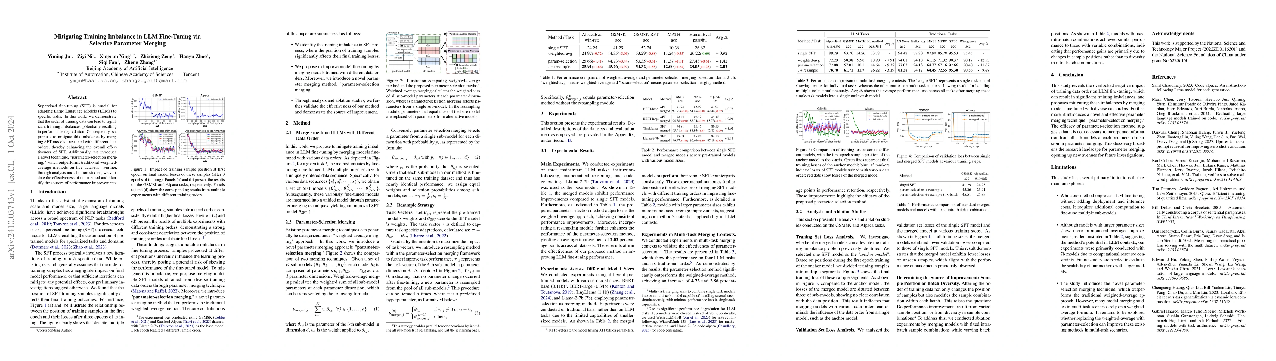 Thumbnail for Mitigating Training Imbalance in LLM Fine-Tuning via Selective Parameter
  Merging