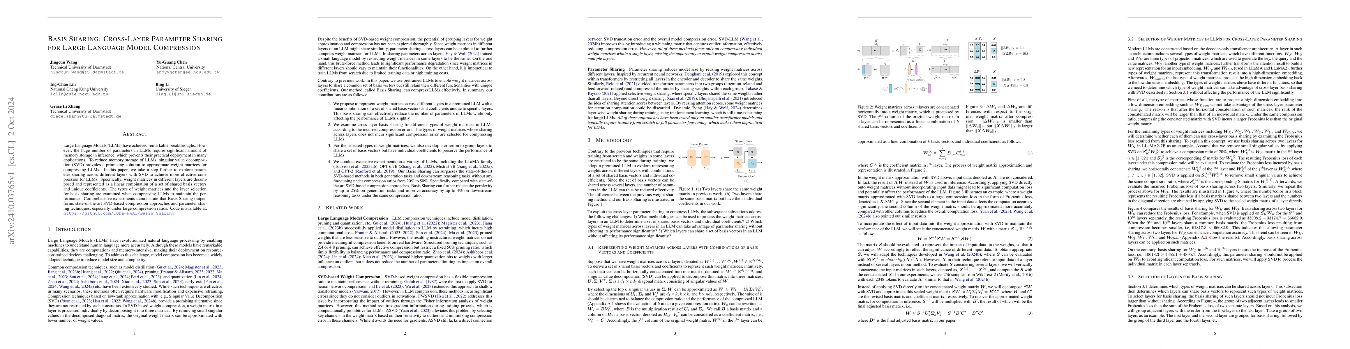 Thumbnail for Basis Sharing: Cross-Layer Parameter Sharing for Large Language Model
  Compression