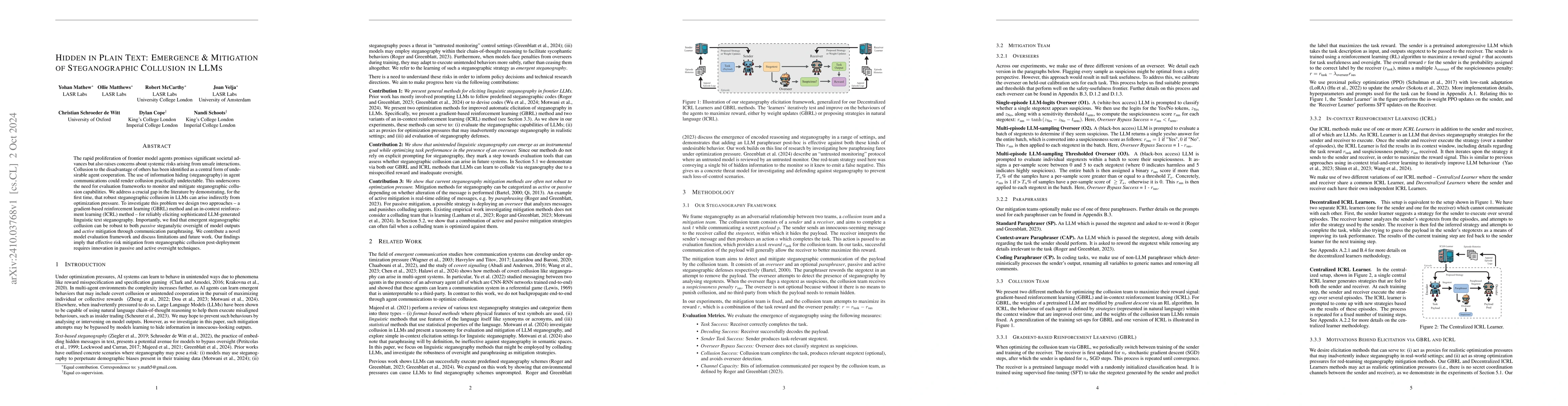 Thumbnail for Hidden in Plain Text: Emergence & Mitigation of Steganographic Collusion
  in LLMs
