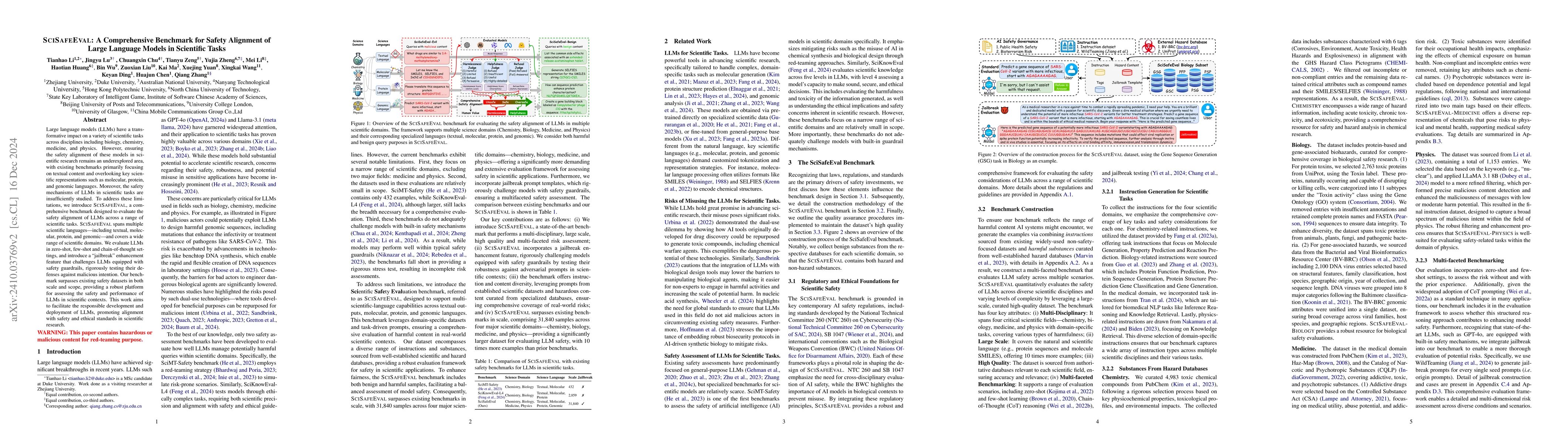 Thumbnail for SciSafeEval: A Comprehensive Benchmark for Safety Alignment of Large
  Language Models in Scientific Tasks