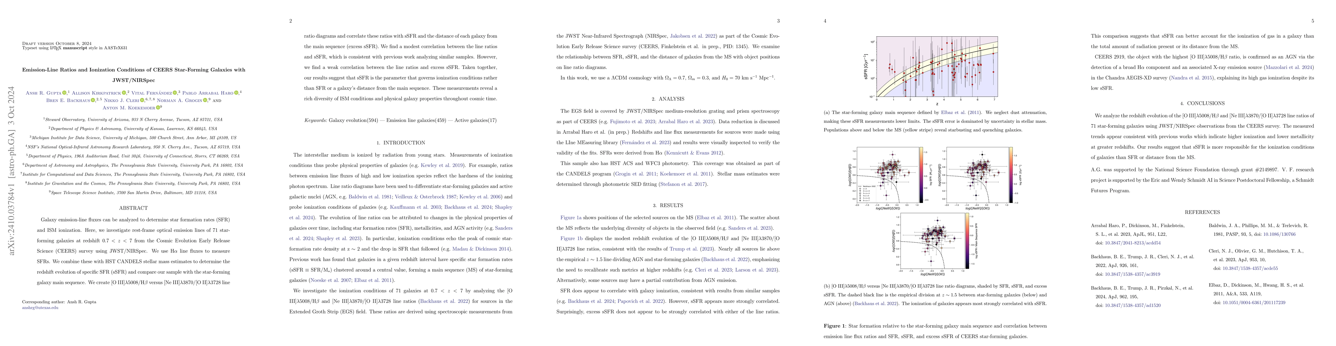 Thumbnail for Emission-Line Ratios and Ionization Conditions of CEERS Star-Forming
  Galaxies with JWST/NIRSpec