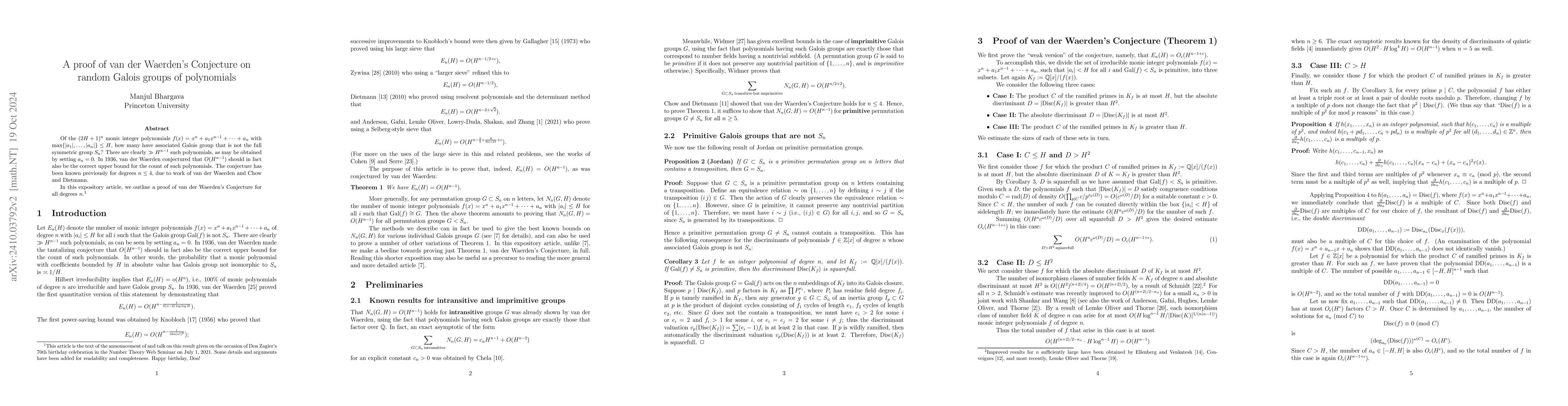 Thumbnail for A proof of van der Waerden's Conjecture on random Galois groups of
  polynomials
