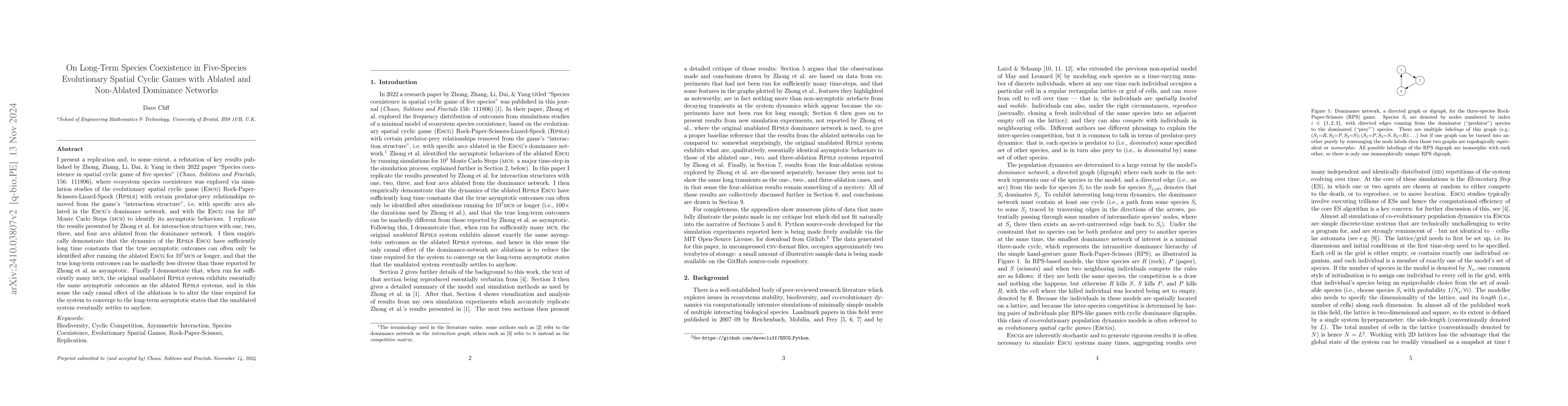 Thumbnail for On Long-Term Species Coexistence in Five-Species Evolutionary Spatial
  Cyclic Games with Ablated and Non-Ablated Dominance Networks