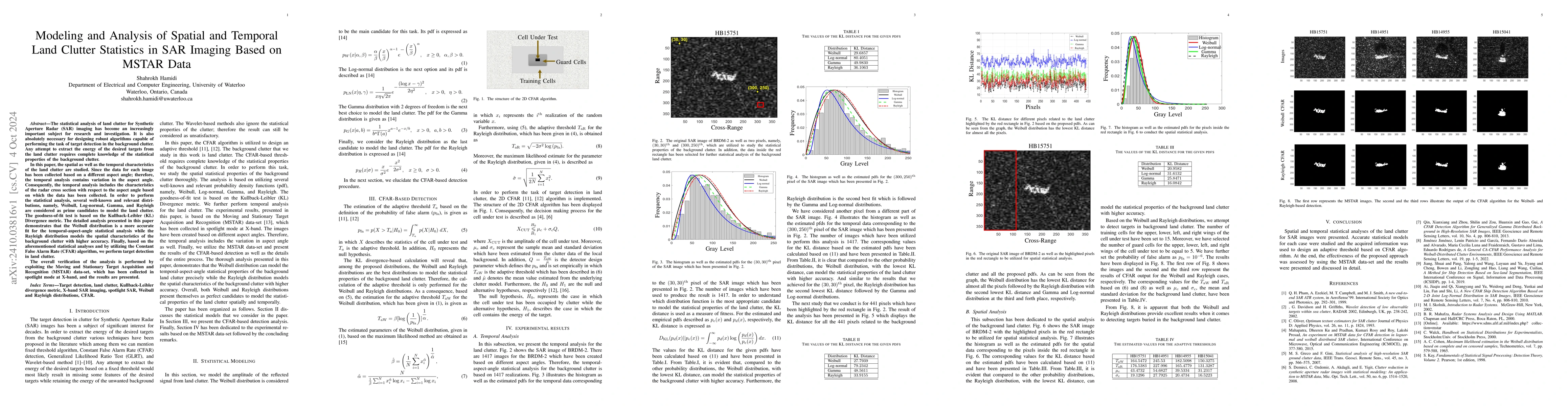 Thumbnail for Modeling and Analysis of Spatial and Temporal Land Clutter Statistics in
  SAR Imaging Based on MSTAR Data