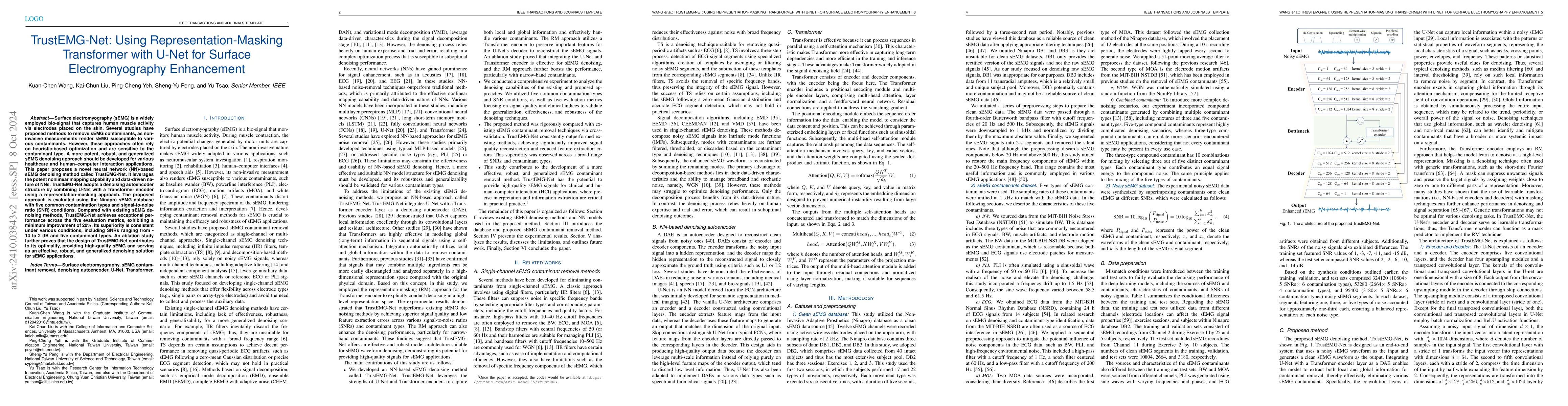 Thumbnail for TrustEMG-Net: Using Representation-Masking Transformer with U-Net for
  Surface Electromyography Enhancement
