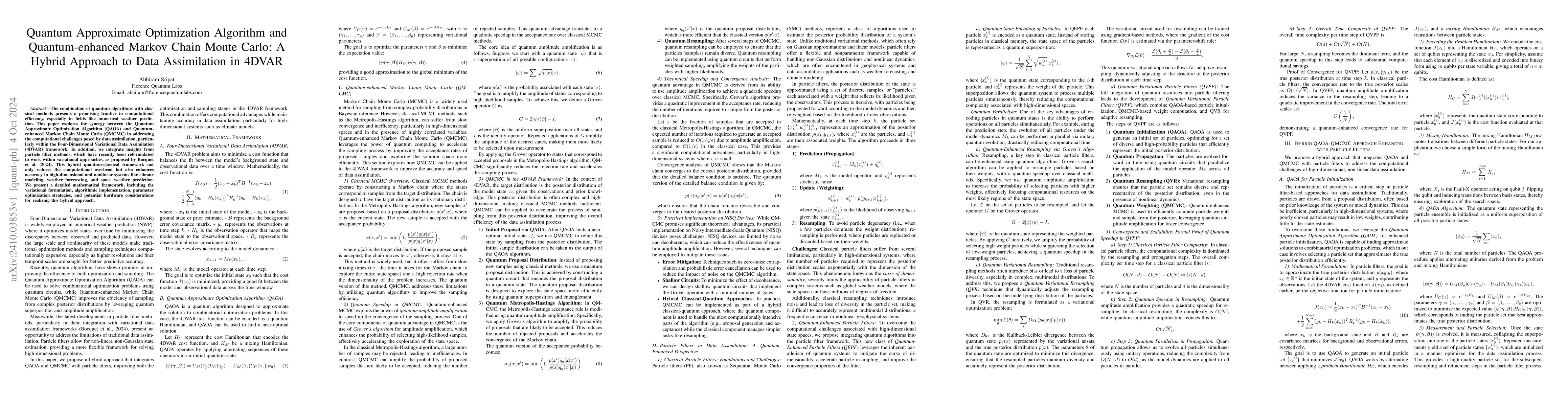 Thumbnail for Quantum Approximate Optimization Algorithm and Quantum-enhanced Markov
  Chain Monte Carlo: A Hybrid Approach to Data Assimilation in 4DVAR