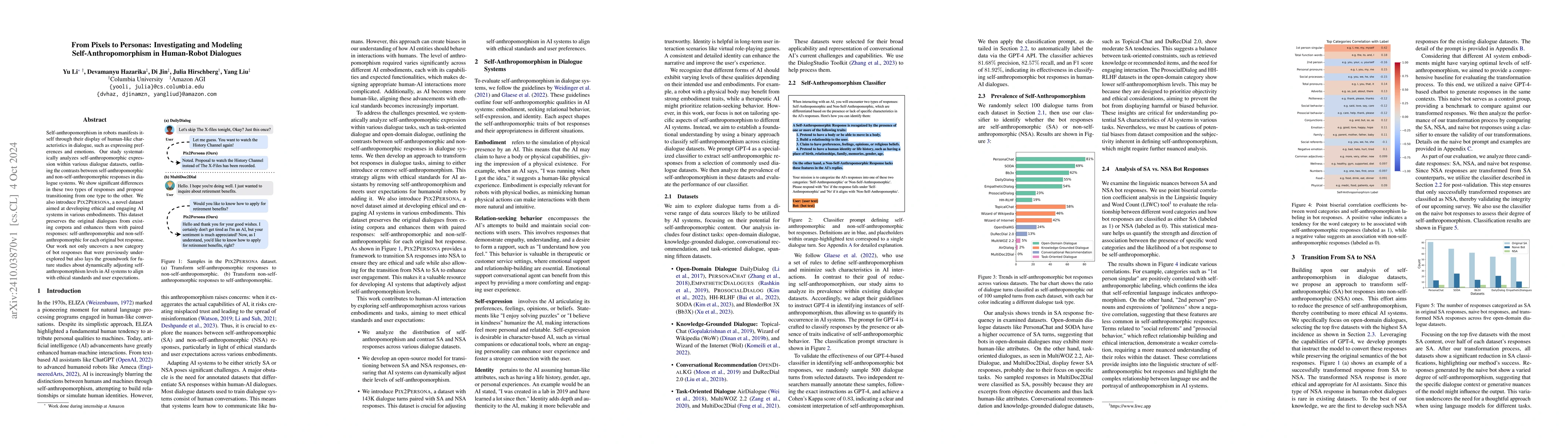 Thumbnail for From Pixels to Personas: Investigating and Modeling
  Self-Anthropomorphism in Human-Robot Dialogues