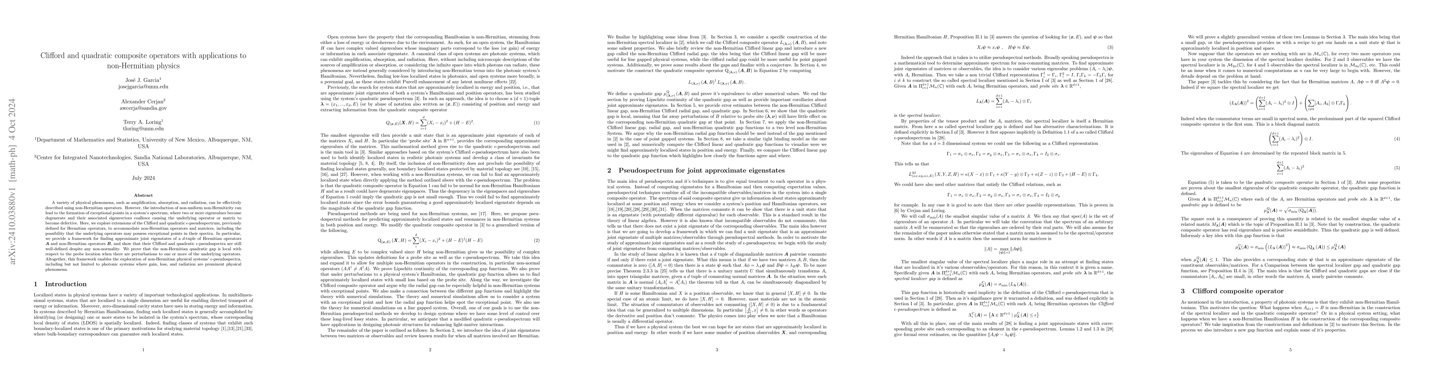 Thumbnail for Clifford and quadratic composite operators with applications to
  non-Hermitian physics