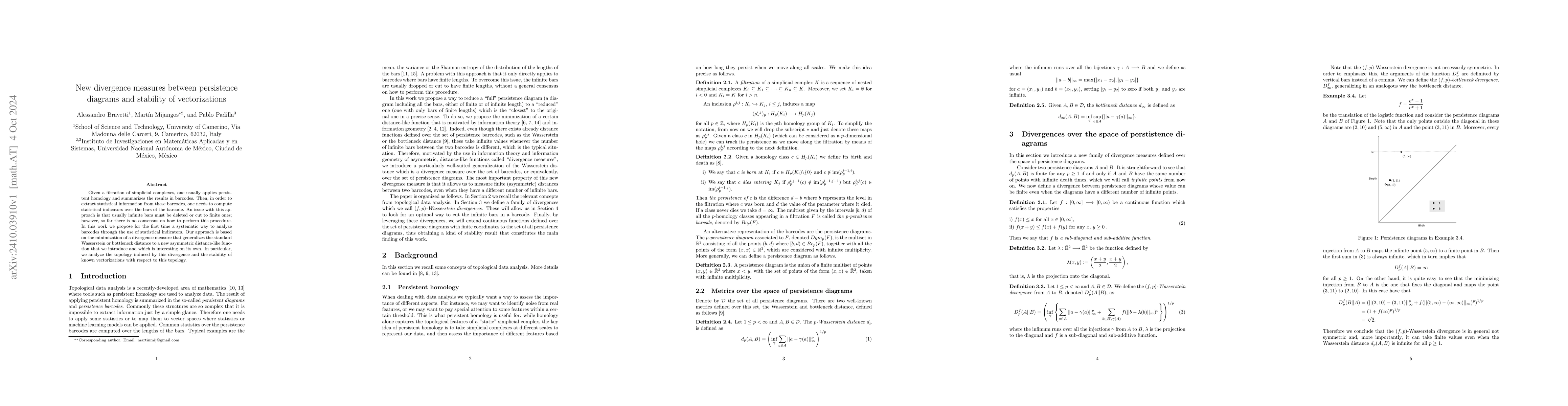 Thumbnail for New divergence measures between persistence diagrams and stability of
  vectorizations