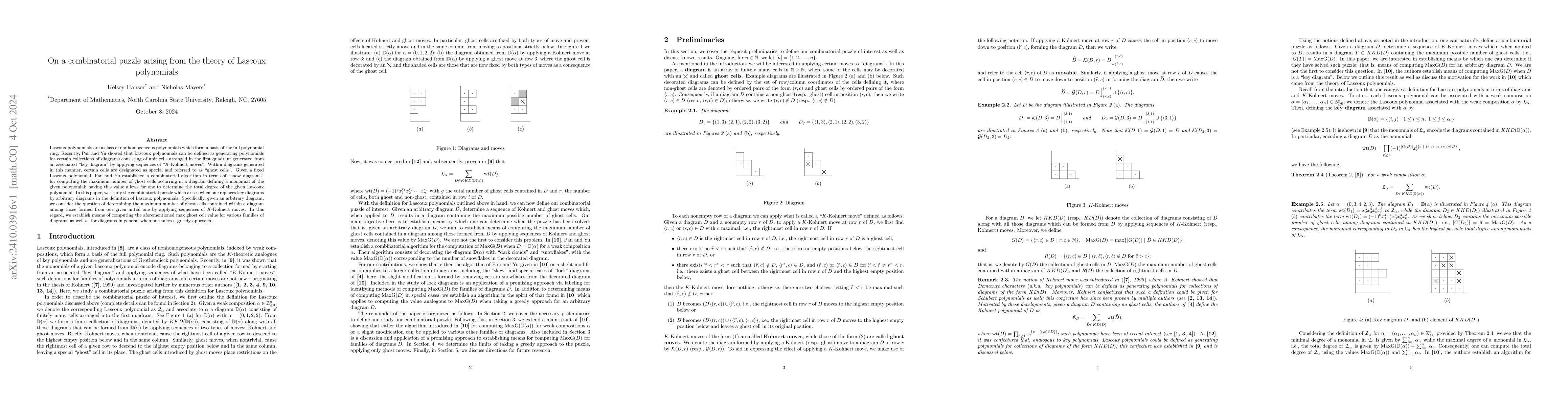 Thumbnail for On a combinatorial puzzle arising from the theory of Lascoux polynomials