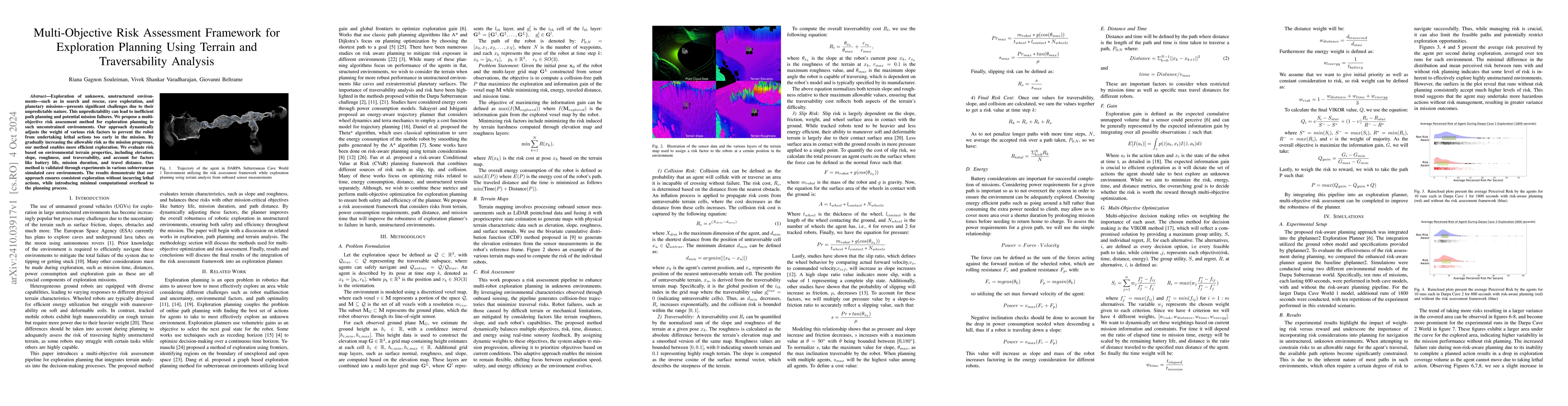 Thumbnail for Multi-Objective Risk Assessment Framework for Exploration Planning Using
  Terrain and Traversability Analysis