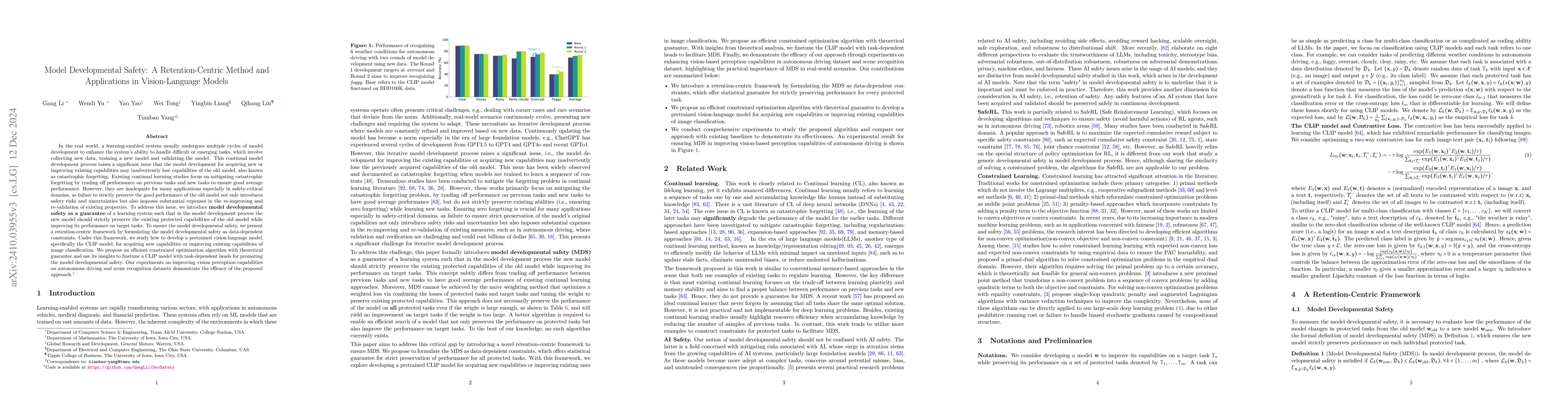Thumbnail for Model Developmental Safety: A Safety-Centric Method and Applications in
  Vision-Language Models