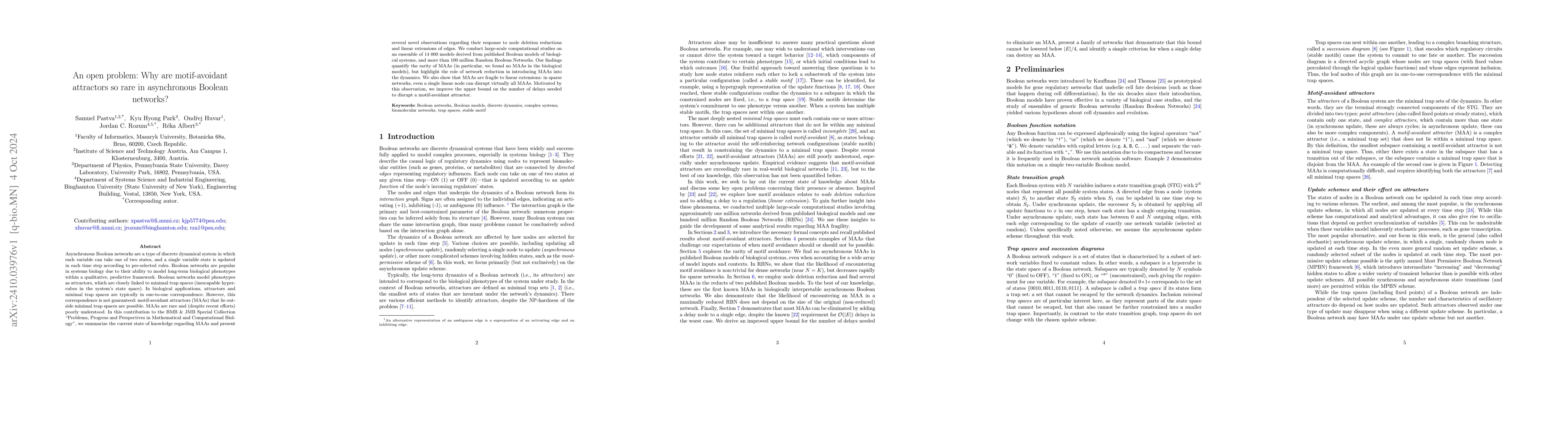 Thumbnail for An open problem: Why are motif-avoidant attractors so rare in
  asynchronous Boolean networks?