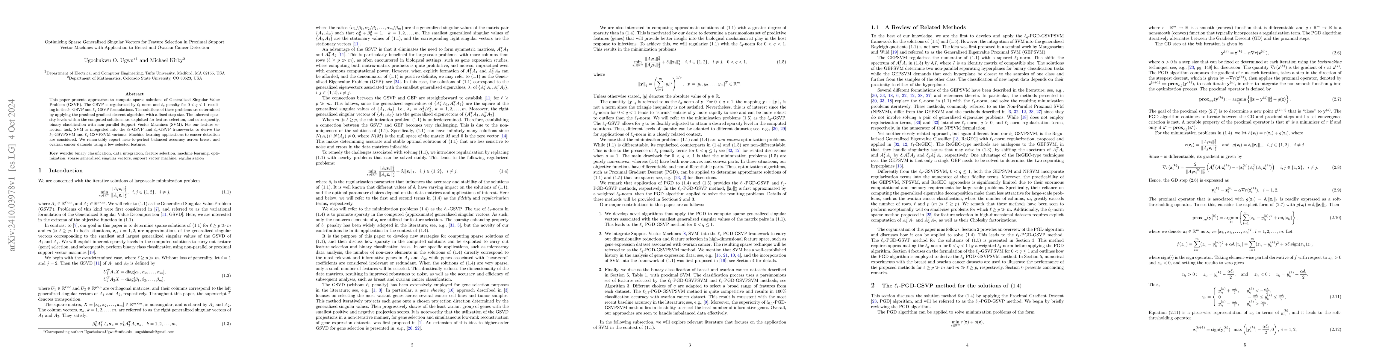 Thumbnail for Optimizing Sparse Generalized Singular Vectors for Feature Selection in
  Proximal Support Vector Machines with Application to Breast and Ovarian
  Cancer Detection