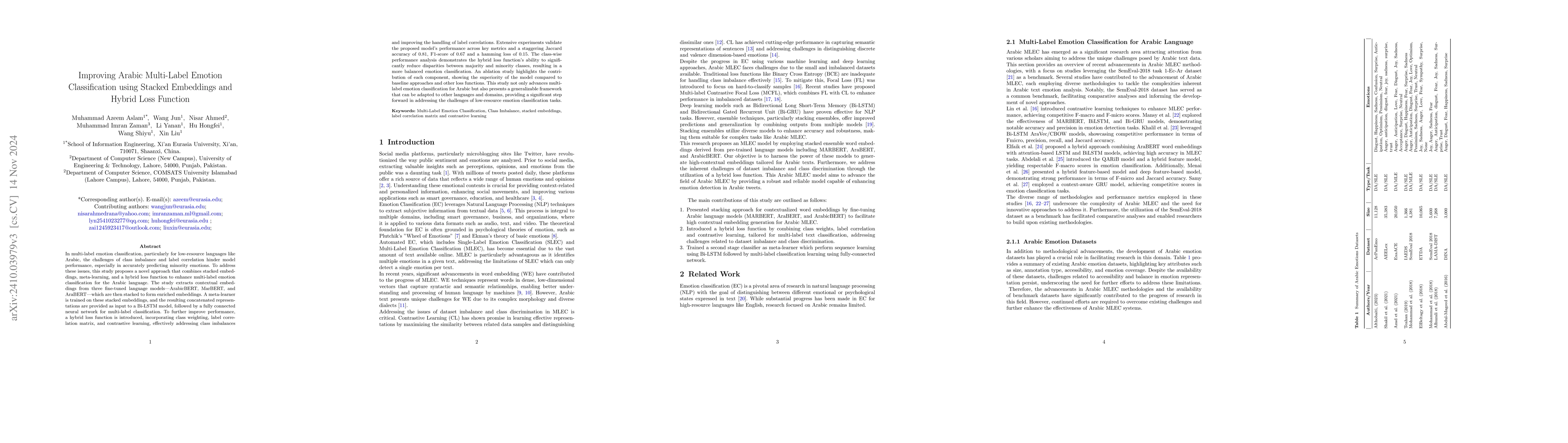 Thumbnail for Improving Arabic Multi-Label Emotion Classification using Stacked
  Embeddings and Hybrid Loss Function
