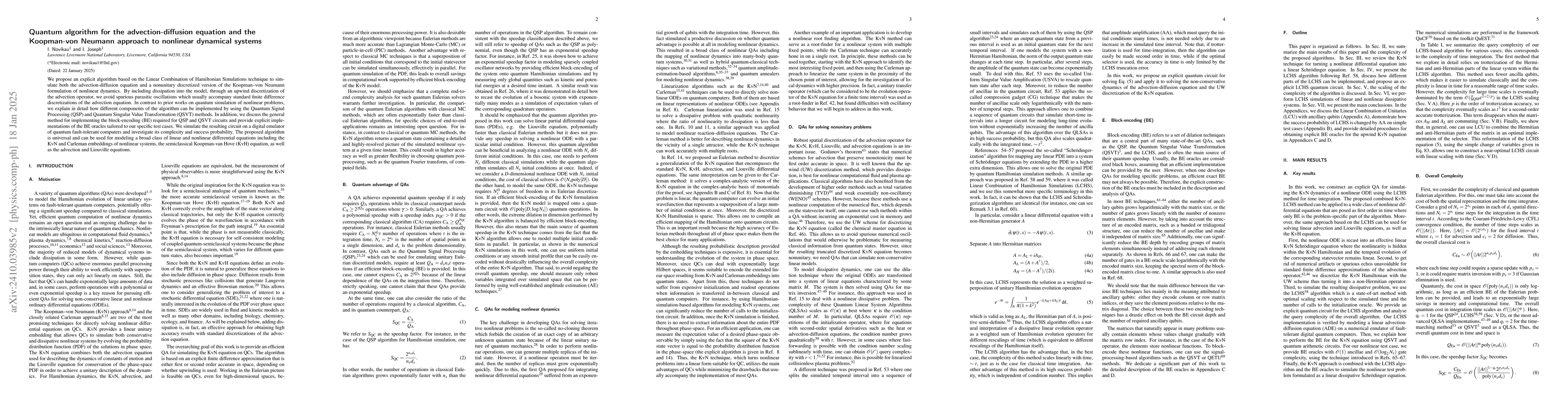 Thumbnail for Quantum algorithm for the advection-diffusion equation and the
  Koopman-von Neumann approach to nonlinear dynamical systems