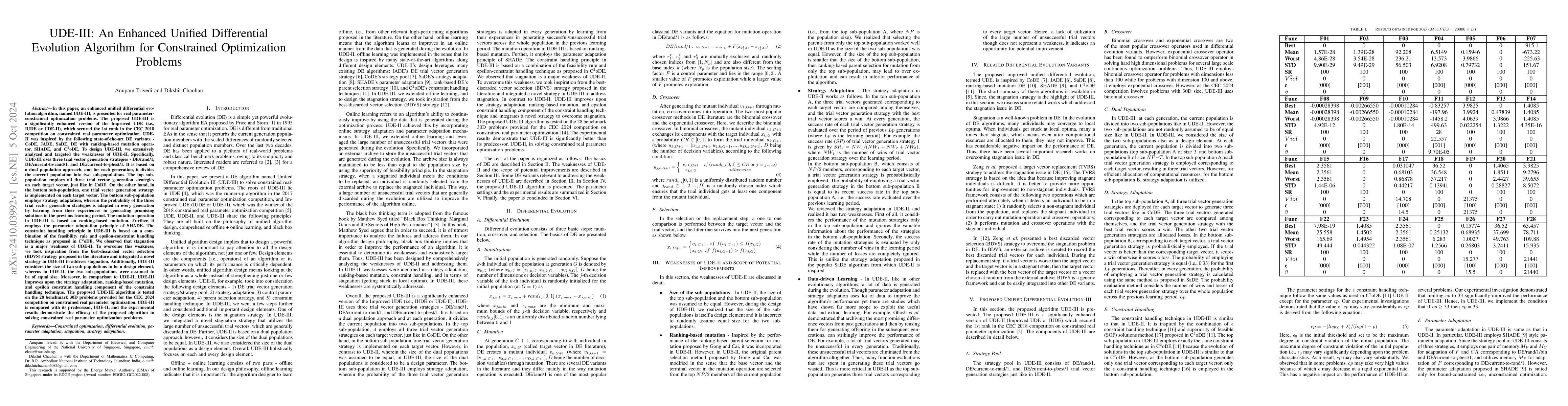 Thumbnail for UDE-III: An Enhanced Unified Differential Evolution Algorithm for
  Constrained Optimization Problems