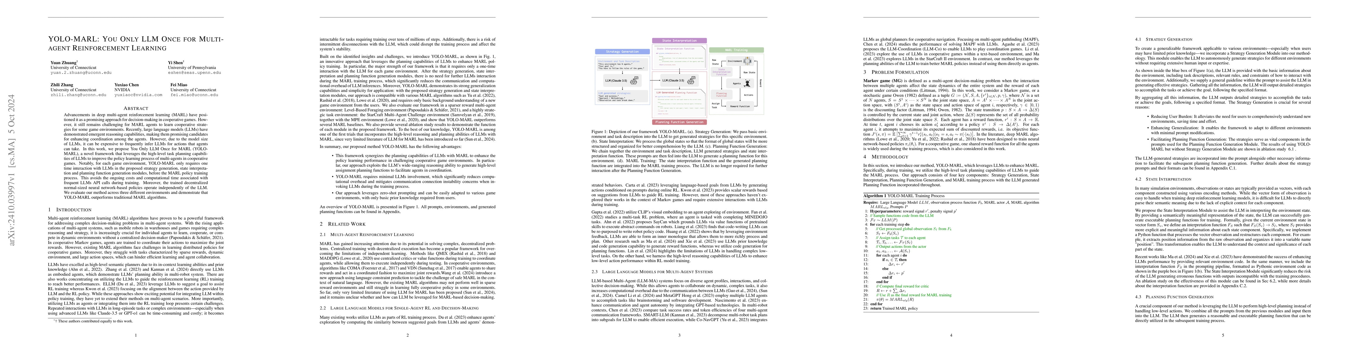 Thumbnail for YOLO-MARL: You Only LLM Once for Multi-agent Reinforcement Learning