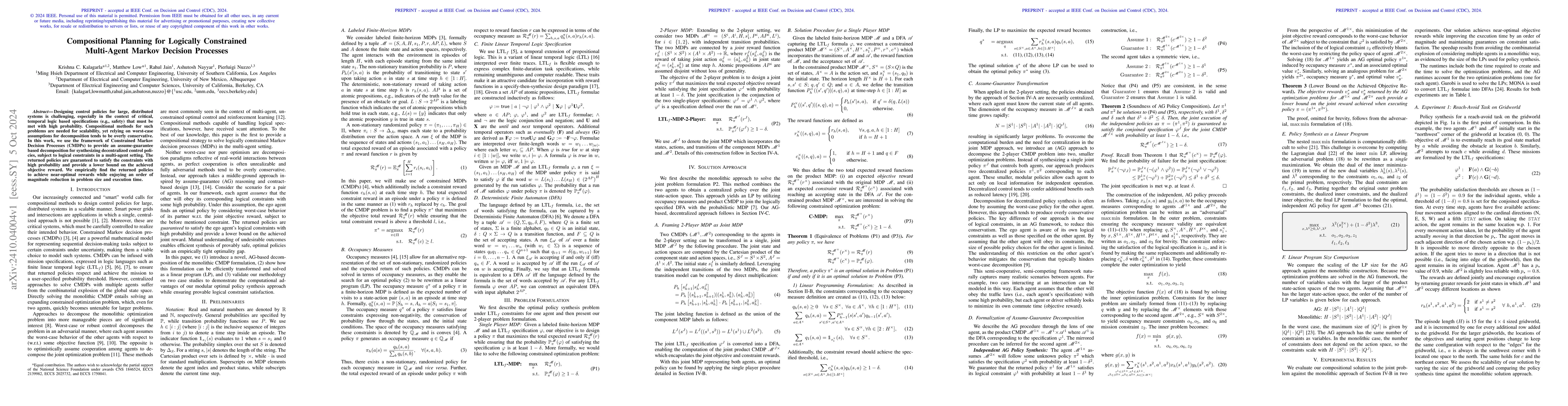 Thumbnail for Compositional Planning for Logically Constrained Multi-Agent Markov
  Decision Processes