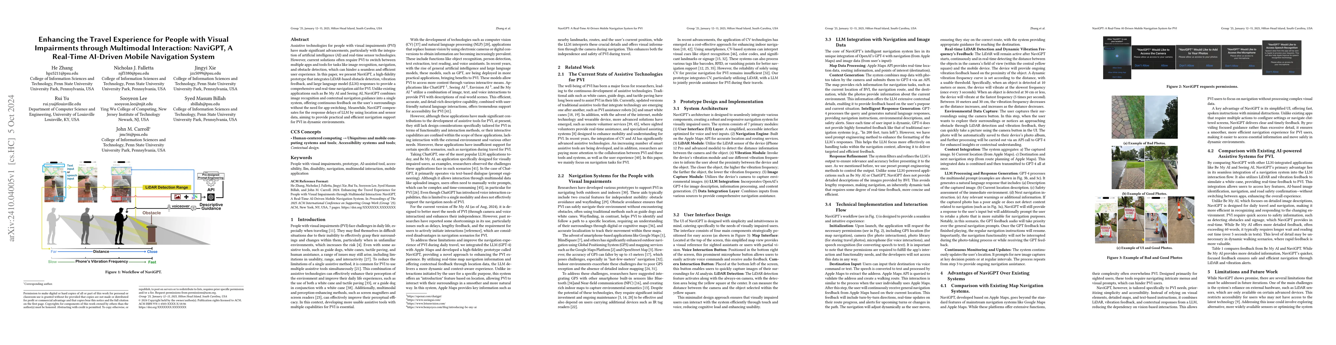 Thumbnail for Enhancing the Travel Experience for People with Visual Impairments
  through Multimodal Interaction: NaviGPT, A Real-Time AI-Driven Mobile
  Navigation System